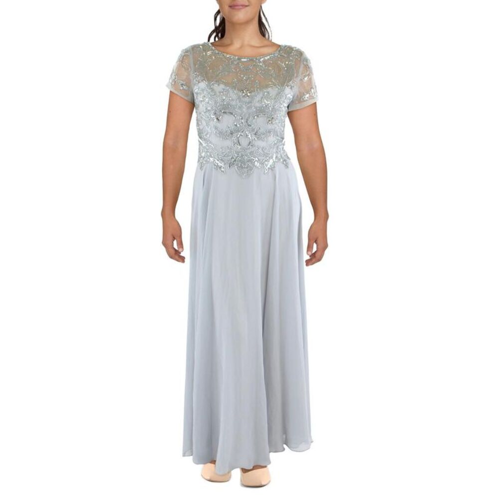Xscape Womens Gray Beaded Short Sleeves Evening Dress Gown Plus NWT